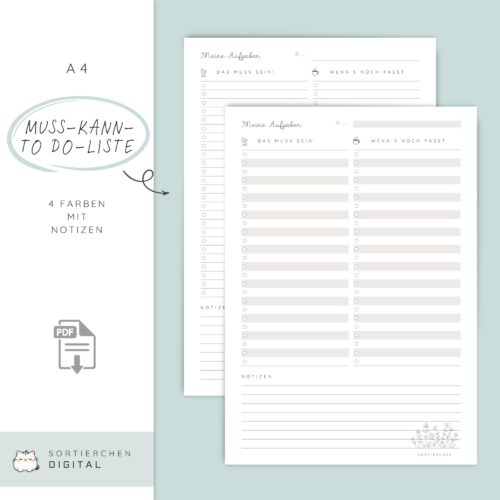 Muss Kann To Do Liste PDF | Printable To Do Liste A4 | tägliche Aufgabenliste zum Ausdrucken | Prioritätenliste | To Do Liste PDF