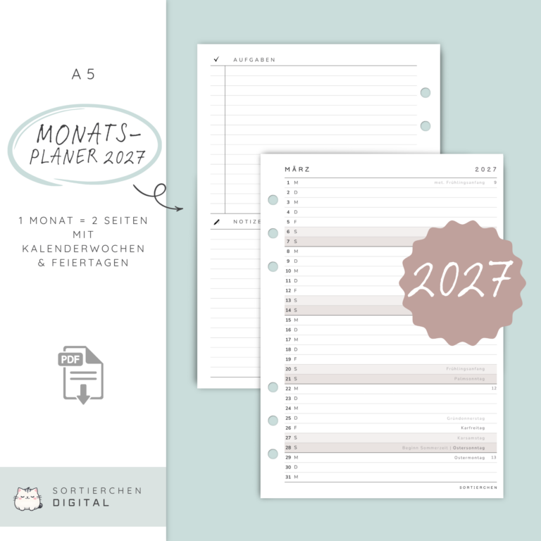 Planer Einlagen 2027 A5 | Monatsansicht | mit To Do-Liste & Notizen