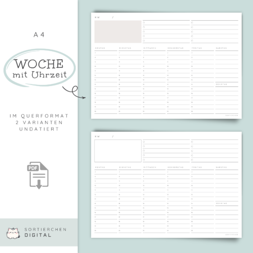 A4 Wochenplaner mit Uhrzeiten | 2 Vorlagen im Bundle | Undatierter Wochenkalender PDF | Terminplanung & Wochenübersicht zum Ausdrucken