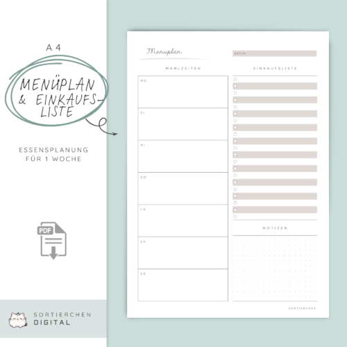 Menüplaner mit Einkaufsliste | A4 PDF Bundle | Wöchentlicher Essensplan zum Ausdrucken | Mahlzeitenplaner Familie | Essensplan PDF