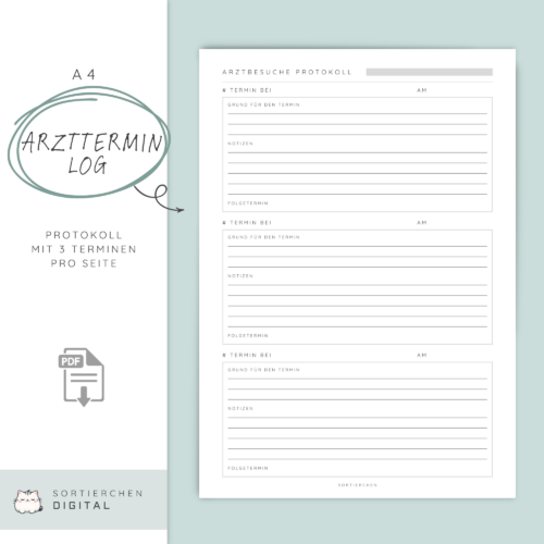 Arzttermin Log zum Dokumentieren von Arztbesuchen | Terminübersicht A4 PDF Vorlage zum ausdrucken