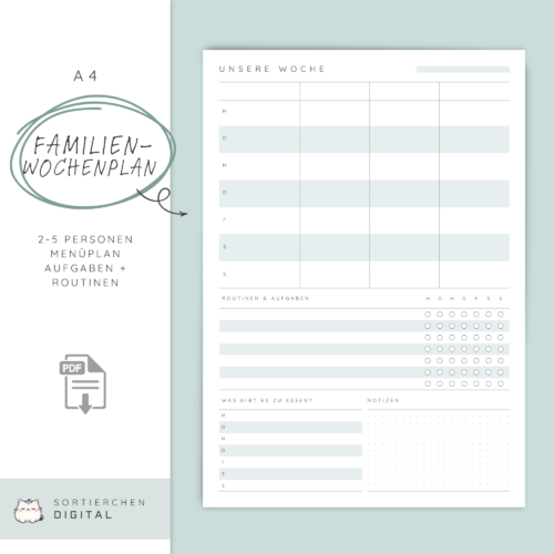 Familienplaner PDF A4 | Wochenplaner Familie zum Ausdrucken | Familienkalender 2–5 Personen | Speiseplan & Aufgaben | Familien Organizer