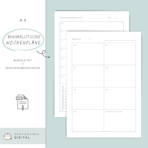 Minimalistische Wochenplaner A4 PDF Bundle | 7 undatierte Wochenübersichten zum Ausdrucken