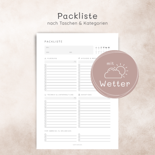 Packliste Urlaub PDF | Blanko Packliste | A4 Druckvorlage | Reise Checkliste | Packliste Deutsch
