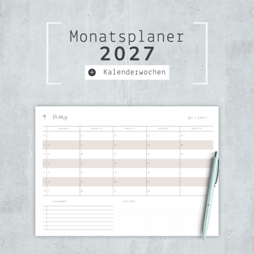 Monatsübersicht Wochenplanung 2027 A4 | Kalender mit Kalenderwochen zum Ausdrucken in 2 Farben | Jahresübersicht