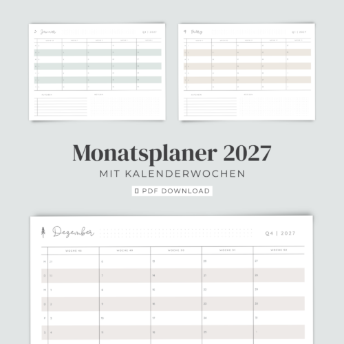 Monatsplaner 2027 A4 zum Ausdrucken | Kalender 2027 mit Kalenderwochen | Monatsübersicht PDF Download | 4 Farben