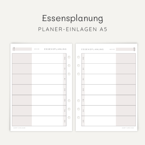 Essensplanung A5 | Planer-Einlagen f&uuml;r Mahlzeiten & Men&uuml;plan | Wochenplan Essen | Ringplaner Einlagen