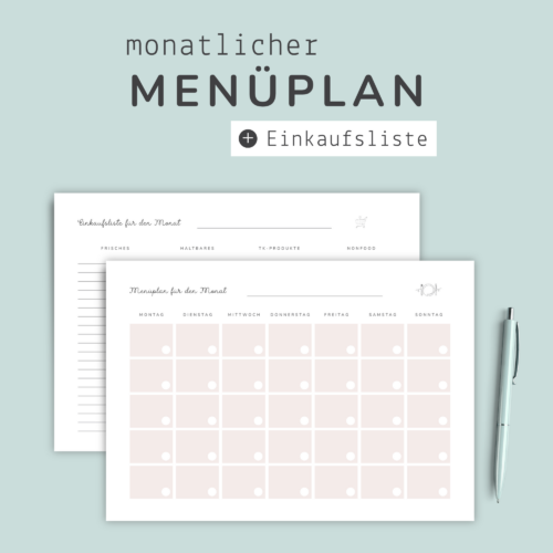 Menüplan + Einkaufsliste für 1 Monat zum Ausdrucken | Essensplanung deutsch