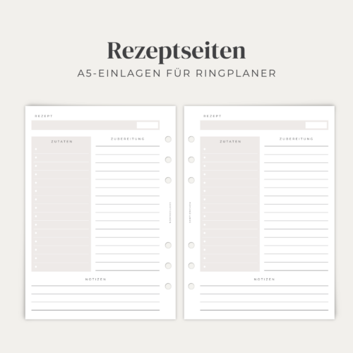 Rezepte Ringbuch Einlagen A5 | 30 Rezeptseiten | 6-fach gelocht | Rezeptordner A5 | Ringbucheinlagen Rezepte minimal