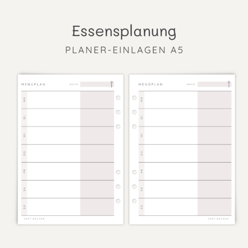 Essensplanung A5 | Planer-Einlagen f&uuml;r Mahlzeiten & Men&uuml;plan | Wochenplan Essen | Ringplaner Einlagen