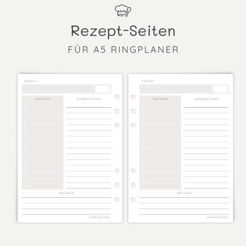 Rezeptseiten A5 Planer-Einlagen f&uuml;r Ringbuchplaner | Rezeptbl&auml;tter deutsch 30 Blatt | auch als Rezeptkarten