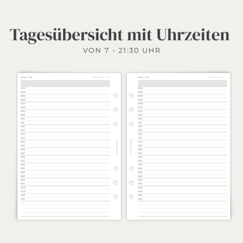 Tagesplaner A5 Ringbuch-Einlagen undatiert | 1 Tag 1 Seite | Time Blocking 7-21:30 Uhr