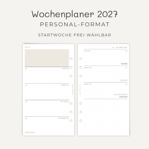 Wochenplaner 2026 2027 Personal | Ringbuch Kalendereinlagen | 1 Woche auf 2 Seiten | datiert | Startwoche frei w&auml;hlbar
