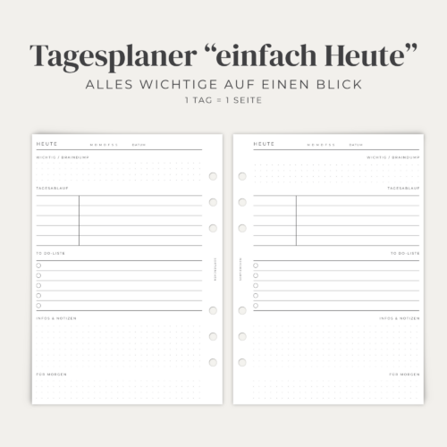 Tagesplaner A5 Einlagen | 1 Tag pro Seite | 30 Blatt auf 100g Papier | Undatierter Tageskalender f&uuml;r 6-Ring-Planer